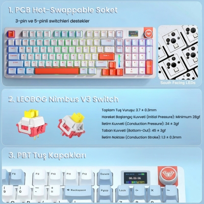 Aula S98 Pro 3 Modlu RGB Hot Swap Mekanik Nimbus V3 Switch Kablosuz Makrolu Klavye Turuncu - 6