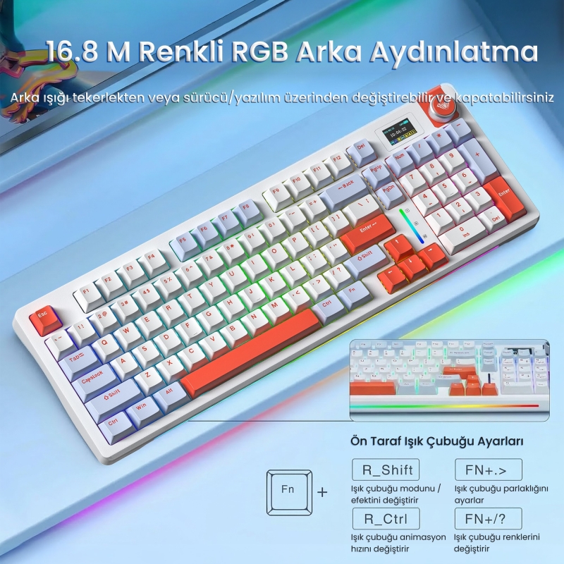 Aula S98 Pro 3 Modlu RGB Hot Swap Mekanik Nimbus V3 Switch Kablosuz Makrolu Klavye Turuncu - 7