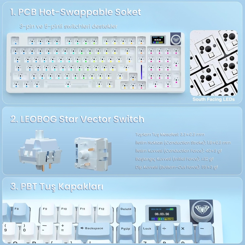 Aula S98 Pro 3 Modlu RGB Hot Swap Mekanik Star Vector Switch Kablosuz Makrolu Klavye Lacivert - 6