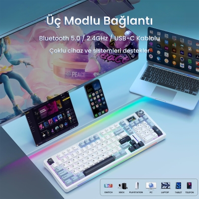 Aula S98 Pro 3 Modlu RGB Hot Swap Mekanik Star Vector Switch Kablosuz Makrolu Klavye Lacivert - 3