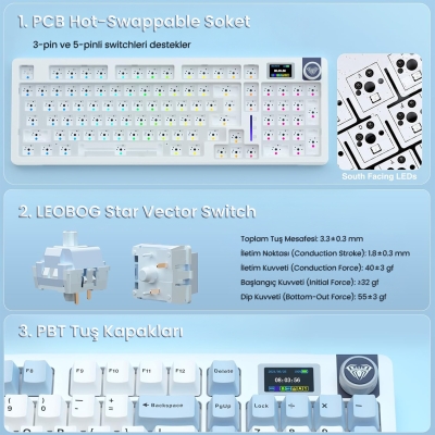 Aula S98 Pro 3 Modlu RGB Hot Swap Mekanik Star Vector Switch Kablosuz Makrolu Klavye Lacivert - 6