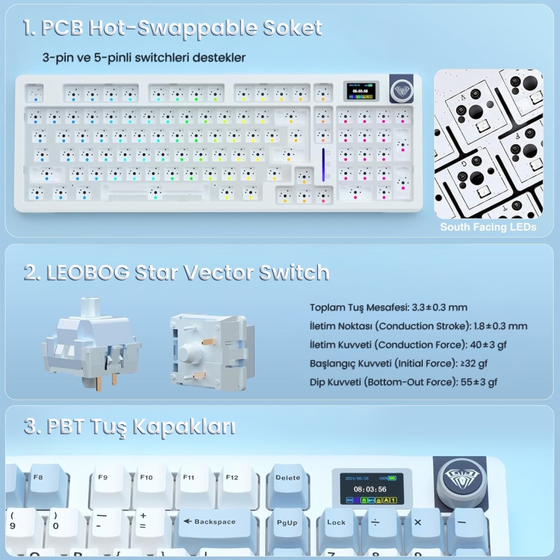 Aula S98 Pro 3 Modlu RGB Hot Swap Mekanik Star Vector Switch Kablosuz Makrolu Klavye Lacivert - 6