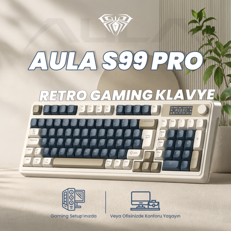 Aula S99 Pro Retro RGB Gaming 3 Modlu Bluetooth/2.4GHz/USB-C Kablosuz Makrolu Türkçe Q Klavye Lacivert - 2