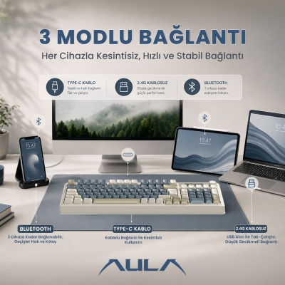 Aula S99 Pro Retro RGB Gaming 3 Modlu Bluetooth/2.4GHz/USB-C Kablosuz Makrolu Türkçe Q Klavye Lacivert - 4