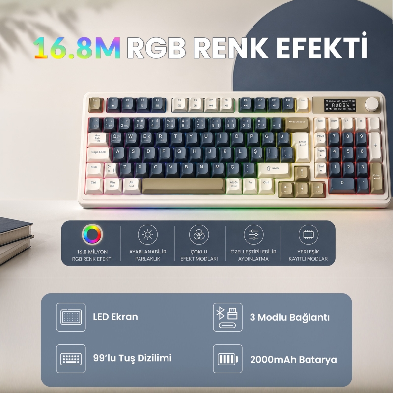 Aula S99 Pro Retro RGB Gaming 3 Modlu Bluetooth/2.4GHz/USB-C Kablosuz Makrolu Türkçe Q Klavye Lacivert - 6