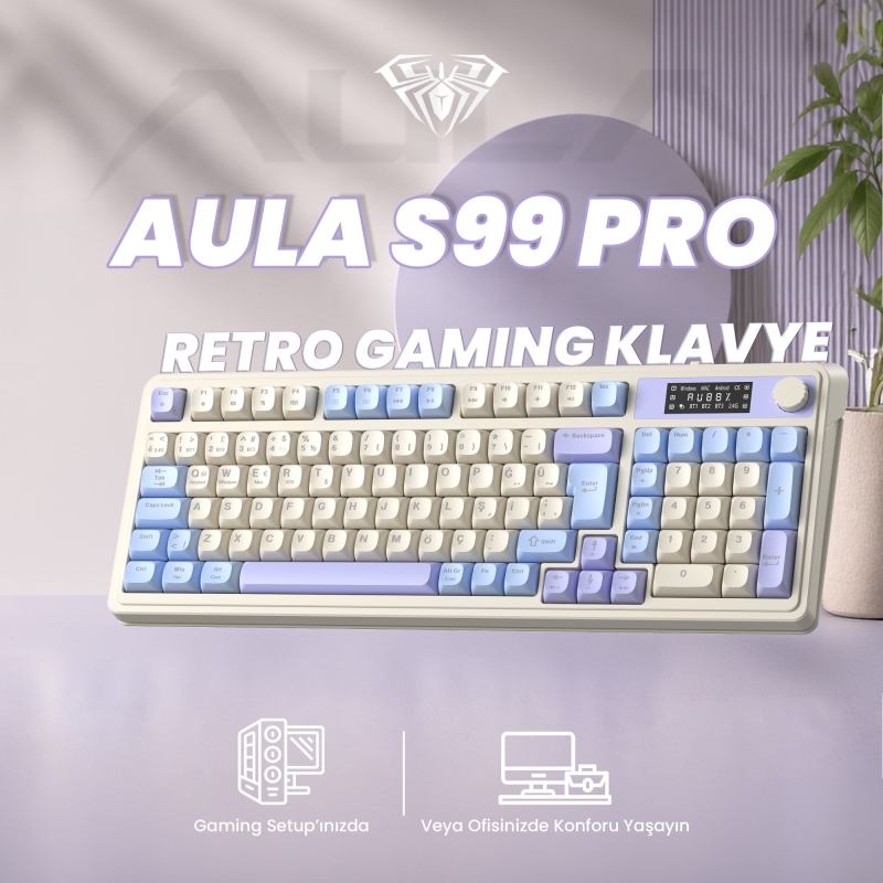 Aula S99 Pro Retro RGB Gaming 3 Modlu Bluetooth/2.4GHz/USB-C Kablosuz Makrolu Türkçe Q Klavye Mavi - 2