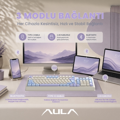 Aula S99 Pro Retro RGB Gaming 3 Modlu Bluetooth/2.4GHz/USB-C Kablosuz Makrolu Türkçe Q Klavye Mavi - 4