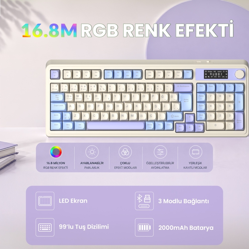 Aula S99 Pro Retro RGB Gaming 3 Modlu Bluetooth/2.4GHz/USB-C Kablosuz Makrolu Türkçe Q Klavye Mavi - 6