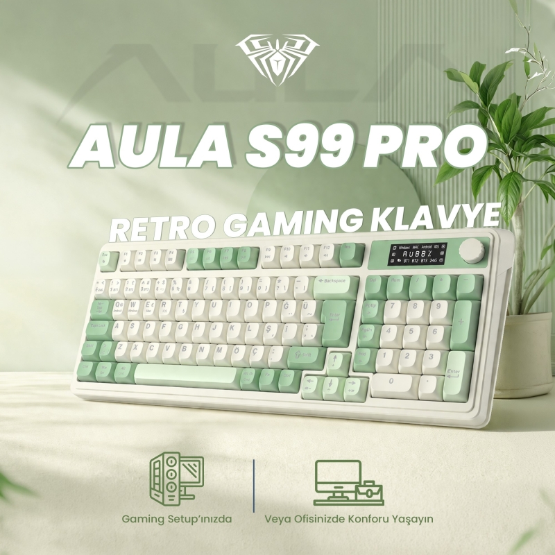 Aula S99 Pro Retro RGB Gaming 3 Modlu Bluetooth/2.4GHz/USB-C Kablosuz Makrolu Türkçe Q Klavye Yeşil - 2