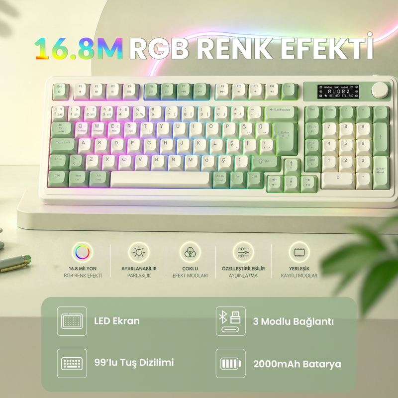 Aula S99 Pro Retro RGB Gaming 3 Modlu Bluetooth/2.4GHz/USB-C Kablosuz Makrolu Türkçe Q Klavye Yeşil - 6