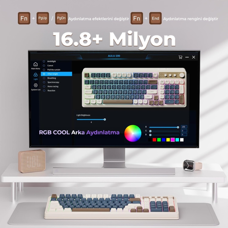 Aula S99 Retro RGB Gaming 3 Modlu Bluetooth/2.4GHz/USB-C Kablosuz Makrolu Türkçe Q Klavye Lacivert - 4