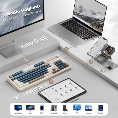 Aula S99 Retro RGB Gaming 3 Modlu Bluetooth/2.4GHz/USB-C Kablosuz Makrolu Türkçe Q Klavye Lacivert - 5