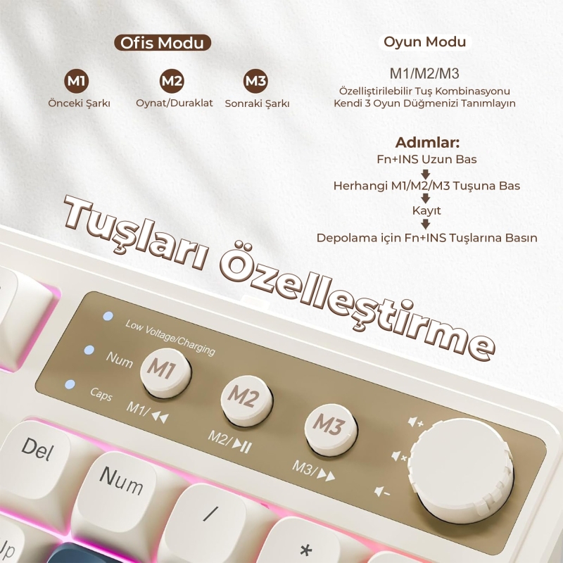 Aula S99 Retro RGB Gaming 3 Modlu Bluetooth/2.4GHz/USB-C Kablosuz Makrolu Türkçe Q Klavye Lacivert - 6