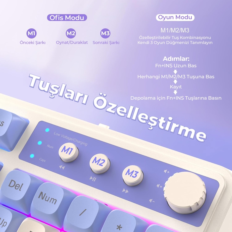 Aula S99 Retro RGB Gaming 3 Modlu Bluetooth/2.4GHz/USB-C Kablosuz Makrolu Türkçe Q Klavye Mavi - 6
