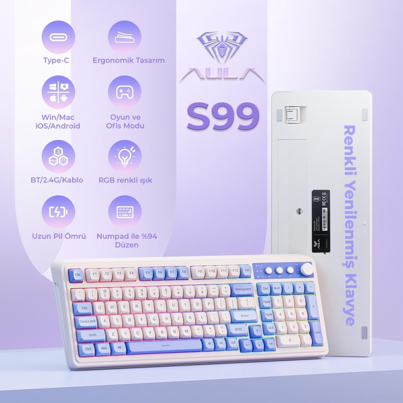 Aula S99 Retro RGB Gaming 3 Modlu Bluetooth/2.4GHz/USB-C Kablosuz Makrolu Türkçe Q Klavye Mavi - 2