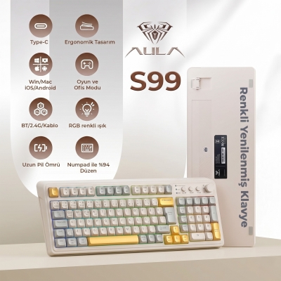 Aula S99 Retro RGB Gaming 3 Modlu Bluetooth/2.4GHz/USB-C Kablosuz Makrolu Türkçe Q Klavye Sarı - 2