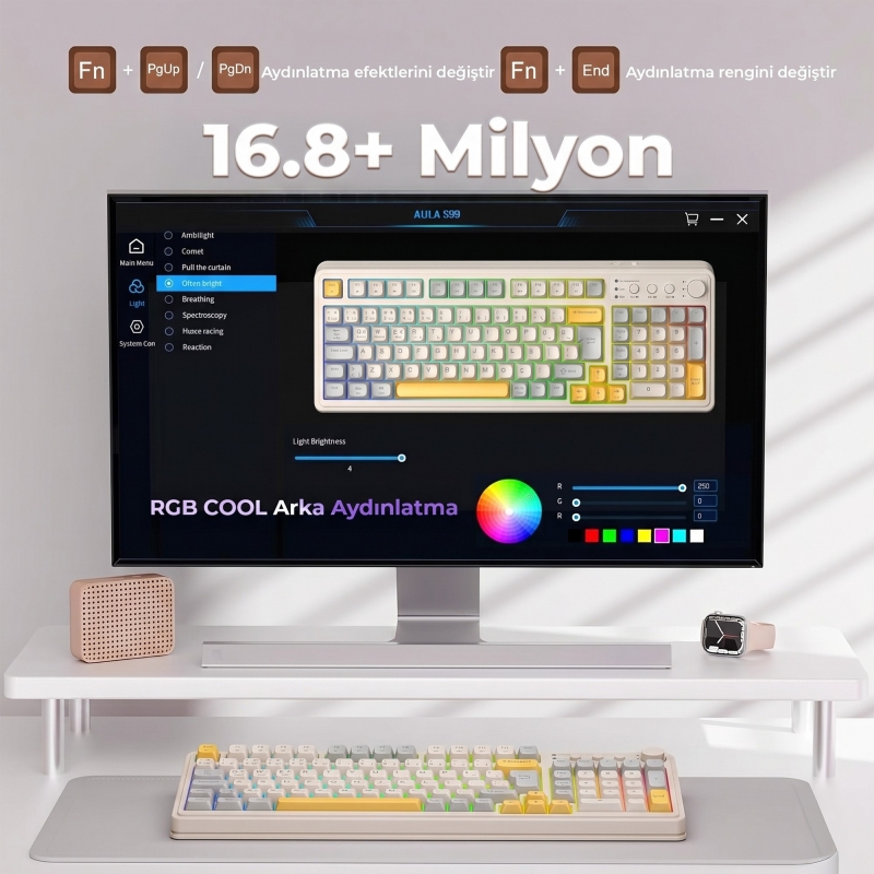 Aula S99 Retro RGB Gaming 3 Modlu Bluetooth/2.4GHz/USB-C Kablosuz Makrolu Türkçe Q Klavye Sarı - 4