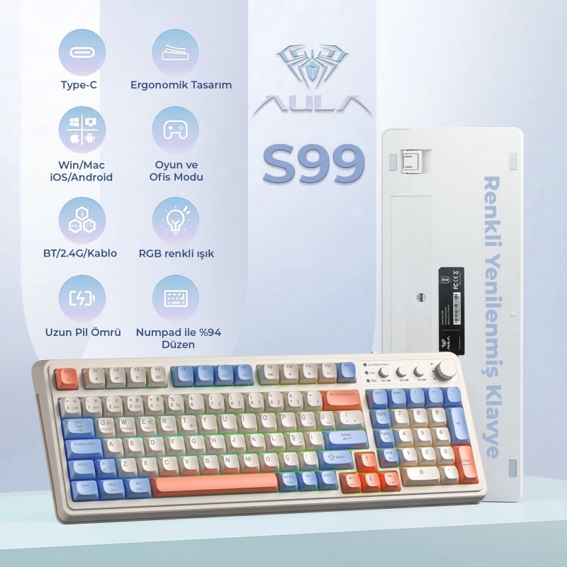 Aula S99 Retro RGB Gaming 3 Modlu Bluetooth/2.4GHz/USB-C Kablosuz Makrolu Türkçe Q Klavye Turuncu - 2