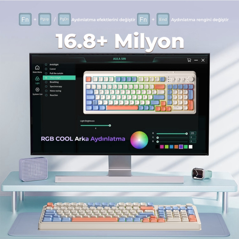 Aula S99 Retro RGB Gaming 3 Modlu Bluetooth/2.4GHz/USB-C Kablosuz Makrolu Türkçe Q Klavye Turuncu - 4