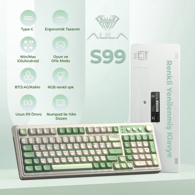 Aula S99 Retro RGB Gaming 3 Modlu Bluetooth/2.4GHz/USB-C Kablosuz Makrolu Türkçe Q Klavye Yeşil - 2