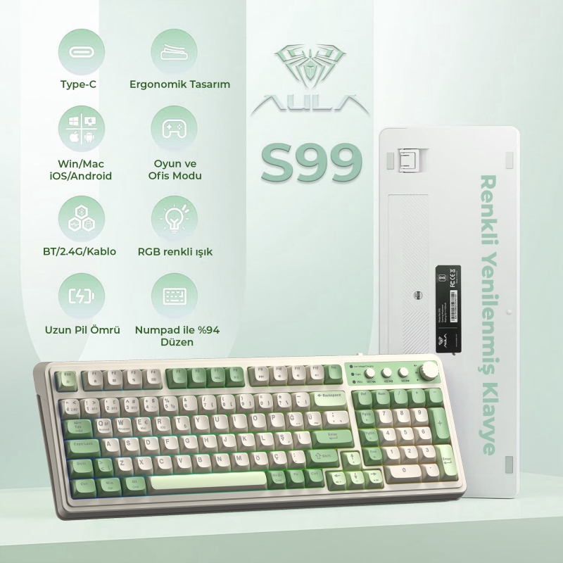 Aula S99 Retro RGB Gaming 3 Modlu Bluetooth/2.4GHz/USB-C Kablosuz Makrolu Türkçe Q Klavye Yeşil - 2