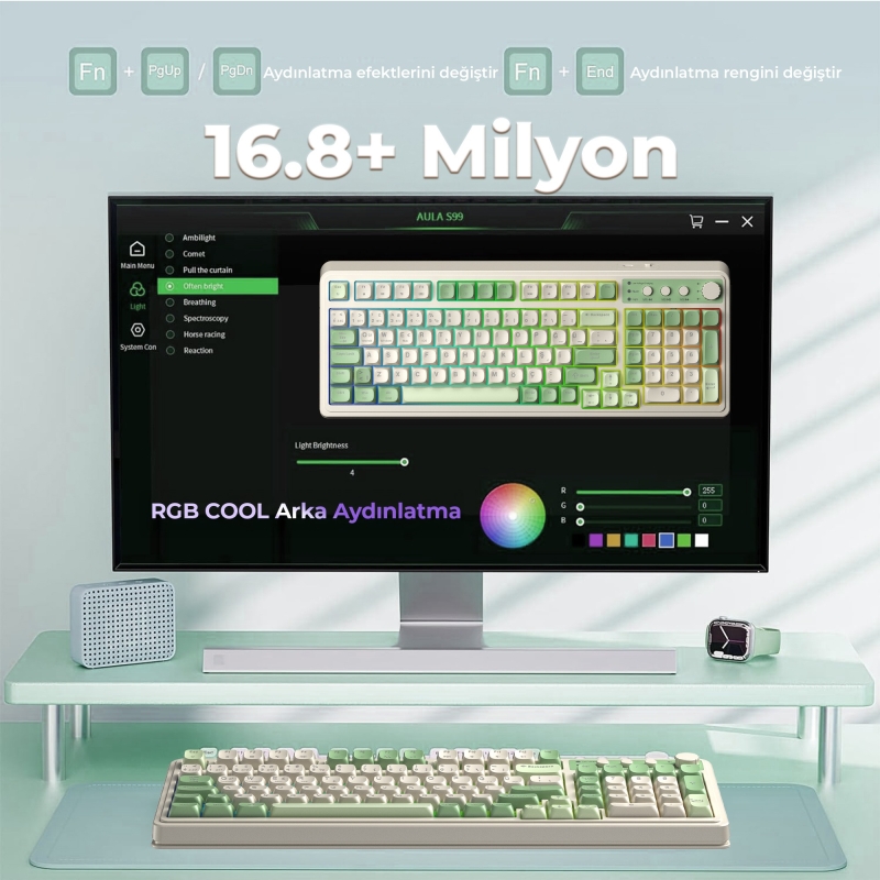 Aula S99 Retro RGB Gaming 3 Modlu Bluetooth/2.4GHz/USB-C Kablosuz Makrolu Türkçe Q Klavye Yeşil - 4