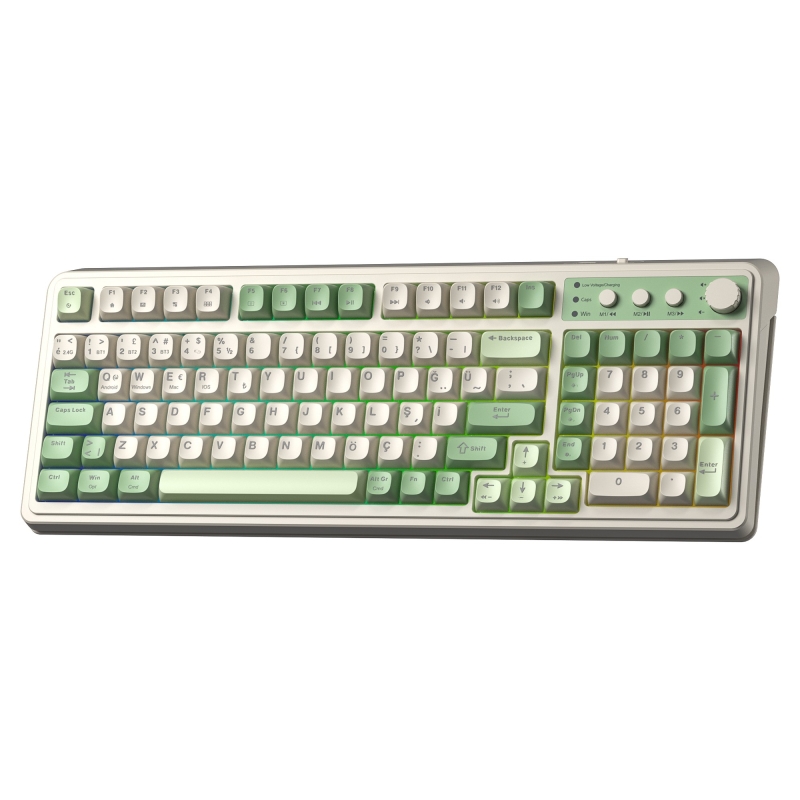 Aula S99 Retro RGB Gaming 3 Modlu Bluetooth/2.4GHz/USB-C Kablosuz Makrolu Türkçe Q Klavye Yeşil - 7