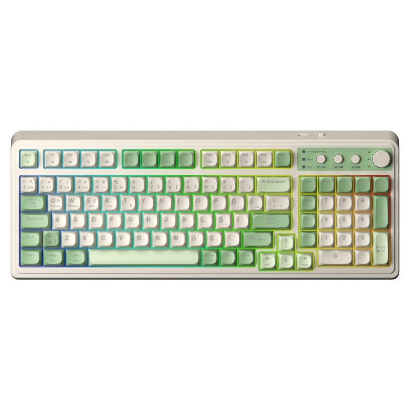 Aula S99 Retro RGB Gaming 3 Modlu Bluetooth/2.4GHz/USB-C Kablosuz Makrolu Türkçe Q Klavye Yeşil - 1