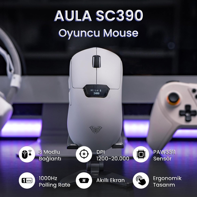 Aula SC390 PAW3311 Sensör 20000 DPI 1000Hz Kablolu ve Kablosuz Gaming Oyuncu Mouse Beyaz - 2