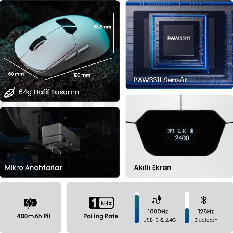 Aula SC390 PAW3311 Sensör 20000 DPI 1000Hz Kablolu ve Kablosuz Gaming Oyuncu Mouse Beyaz - 3