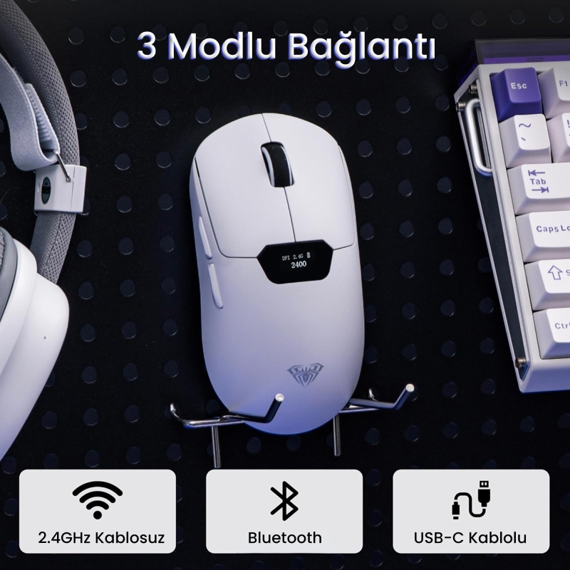 Aula SC390 PAW3311 Sensör 20000 DPI 1000Hz Kablolu ve Kablosuz Gaming Oyuncu Mouse Beyaz - 6