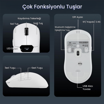 Aula SC390 PAW3311 Sensör 20000 DPI 1000Hz Kablolu ve Kablosuz Gaming Oyuncu Mouse Beyaz - 7