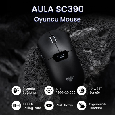 Aula SC390 PAW3311 Sensör 20000 DPI 1000Hz Kablolu ve Kablosuz Gaming Oyuncu Mouse Siyah - 2