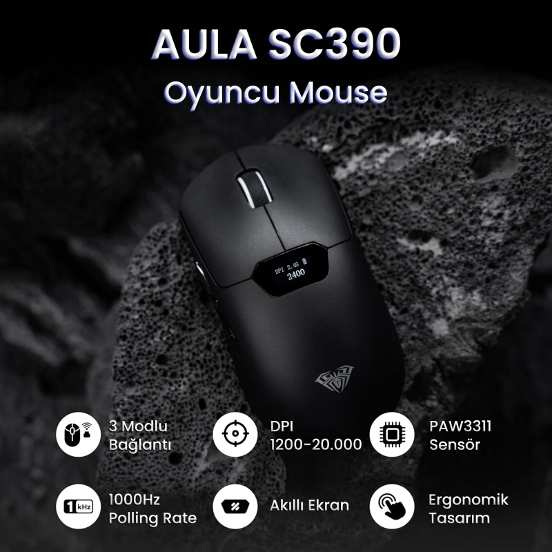 Aula SC390 PAW3311 Sensör 20000 DPI 1000Hz Kablolu ve Kablosuz Gaming Oyuncu Mouse Siyah - 2