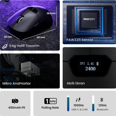 Aula SC390 PAW3311 Sensör 20000 DPI 1000Hz Kablolu ve Kablosuz Gaming Oyuncu Mouse Siyah - 3