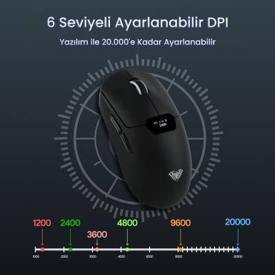 Aula SC390 PAW3311 Sensör 20000 DPI 1000Hz Kablolu ve Kablosuz Gaming Oyuncu Mouse Siyah - 5
