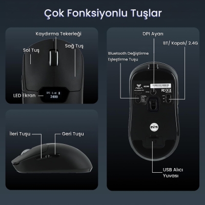 Aula SC390 PAW3311 Sensör 20000 DPI 1000Hz Kablolu ve Kablosuz Gaming Oyuncu Mouse Siyah - 7