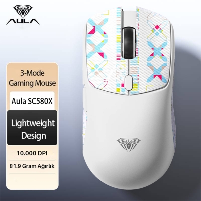 Aula SC580X Lightweight PAW3311 Sensör 10000 DPI 1000Hz Kablolu ve Kablosuz Gaming Oyuncu Mouse Beyaz - 3