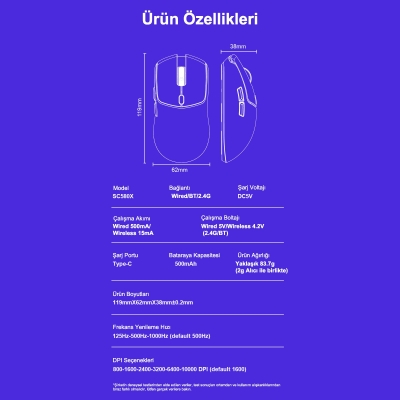 Aula SC580X Lightweight PAW3311 Sensör 10000 DPI 1000Hz Kablolu ve Kablosuz Gaming Oyuncu Mouse Beyaz - 9