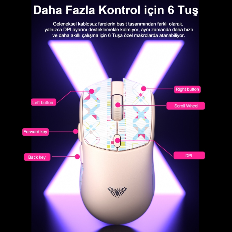 Aula SC580X Lightweight PAW3311 Sensör 10000 DPI 1000Hz Kablolu ve Kablosuz Gaming Oyuncu Mouse Beyaz - 5