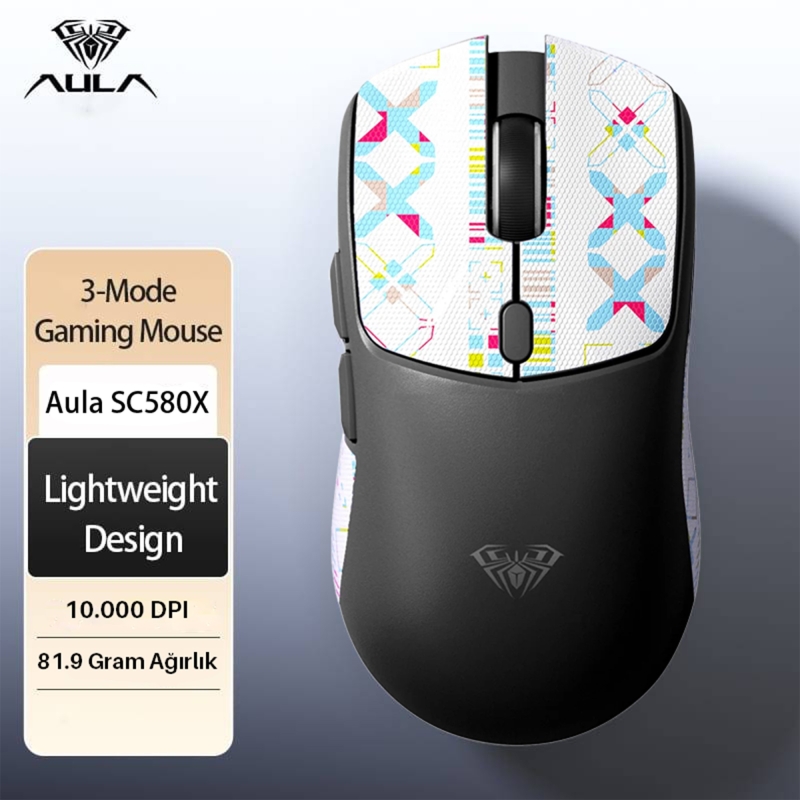 Aula SC580X Lightweight PAW3311 Sensör 10000 DPI 1000Hz Kablolu ve Kablosuz Gaming Oyuncu Mouse Siyah - 3