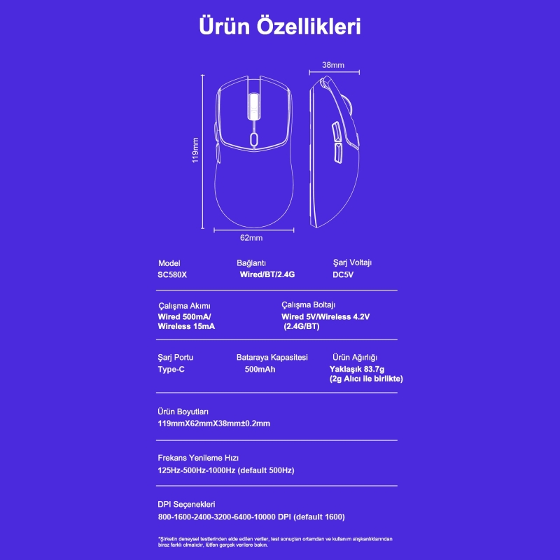 Aula SC580X Lightweight PAW3311 Sensör 10000 DPI 1000Hz Kablolu ve Kablosuz Gaming Oyuncu Mouse Siyah - 9
