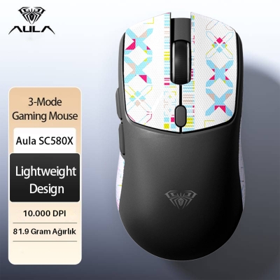 Aula SC580X Lightweight PAW3311 Sensör 10000 DPI 1000Hz Kablolu ve Kablosuz Gaming Oyuncu Mouse Siyah - 3