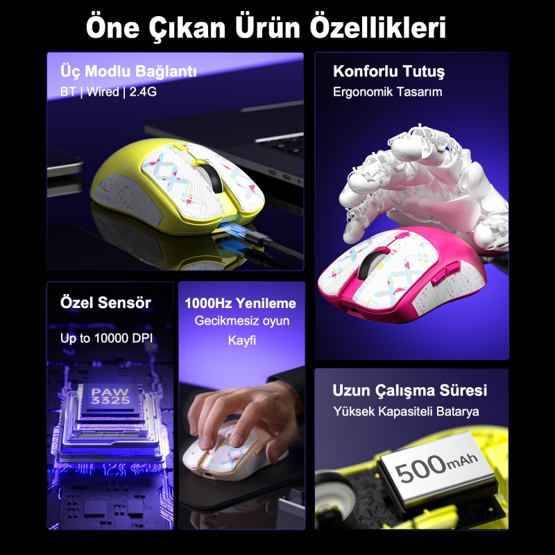 Aula SC580X Lightweight PAW3311 Sensör 10000 DPI 1000Hz Kablolu ve Kablosuz Gaming Oyuncu Mouse Siyah - 4