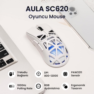 Aula SC620 PAW3311 Sensör 12000 DPI 1000Hz Kablolu ve Kablosuz Gaming Oyuncu Mouse Beyaz - 2