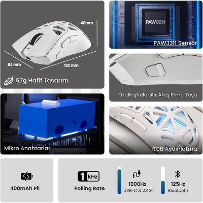Aula SC620 PAW3311 Sensör 12000 DPI 1000Hz Kablolu ve Kablosuz Gaming Oyuncu Mouse Beyaz - 3