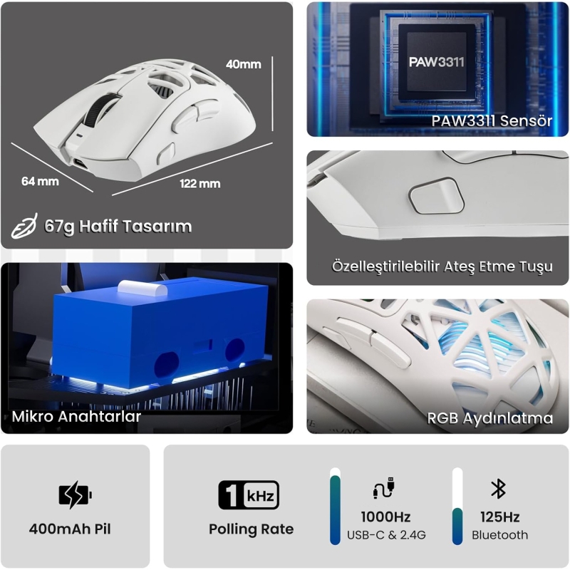 Aula SC620 PAW3311 Sensör 12000 DPI 1000Hz Kablolu ve Kablosuz Gaming Oyuncu Mouse Beyaz - 3