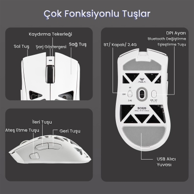 Aula SC620 PAW3311 Sensör 12000 DPI 1000Hz Kablolu ve Kablosuz Gaming Oyuncu Mouse Beyaz - 6