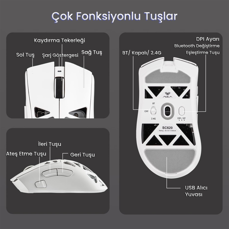 Aula SC620 PAW3311 Sensör 12000 DPI 1000Hz Kablolu ve Kablosuz Gaming Oyuncu Mouse Beyaz - 6
