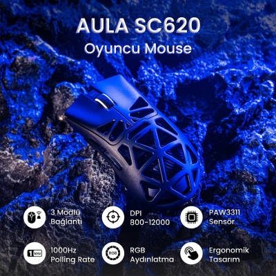Aula SC620 PAW3311 Sensör 12000 DPI 1000Hz Kablolu ve Kablosuz Gaming Oyuncu Mouse Siyah - 2